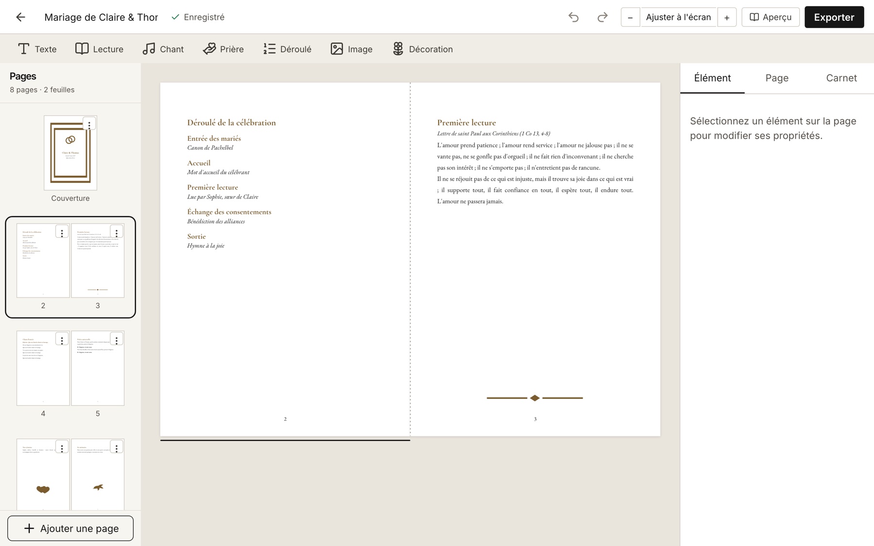 The Karnet editor showing a wedding booklet spread