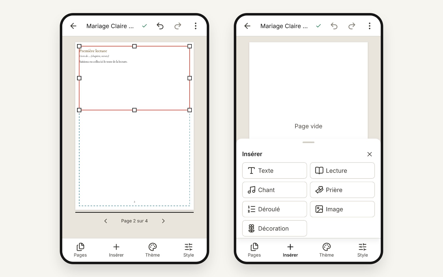 Karnet on a phone: one page at a time and the Insert bottom sheet