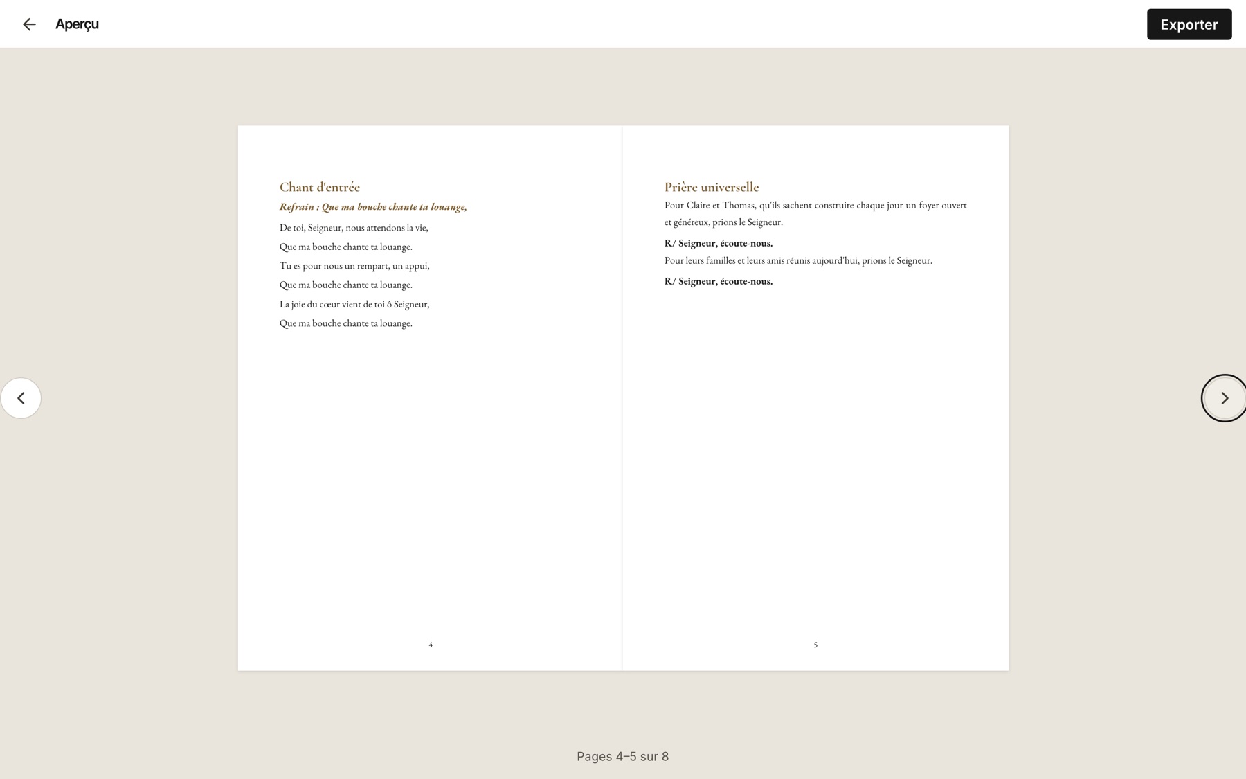 Flip-through preview of the booklet showing pages 4 and 5: an entrance hymn with its refrain and a prayer of the faithful with responses