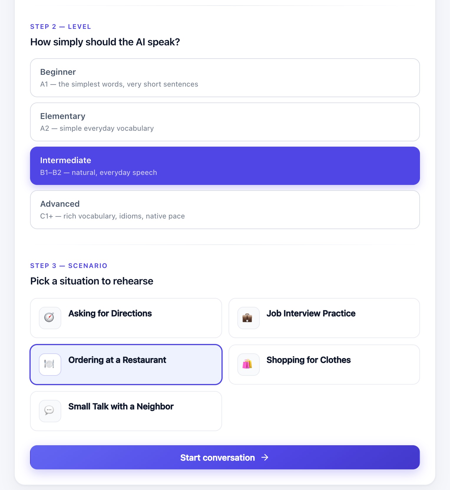 Main menu of Voice Language Tutor: four level options from Beginner to Advanced with Intermediate selected, and five scenario cards with Ordering at a Restaurant selected, above a Start conversation button