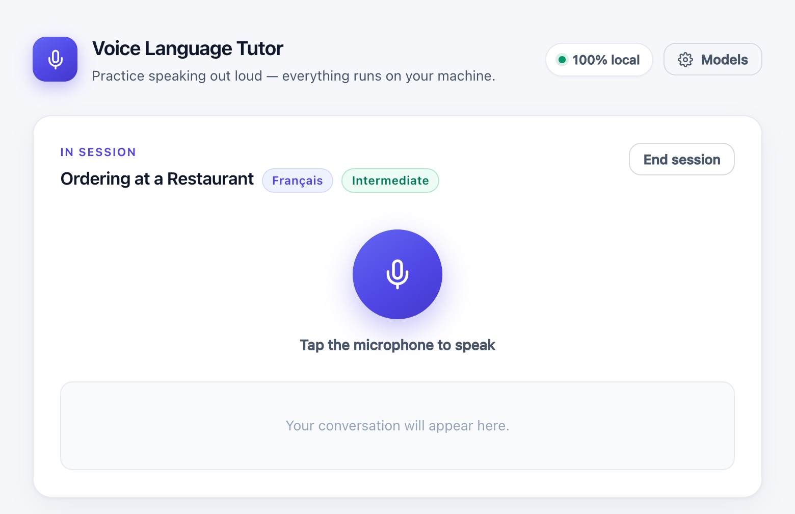 Voice Language Tutor during a session: the Ordering at a Restaurant scenario with Français and Intermediate tags, a large microphone button and an empty transcript panel